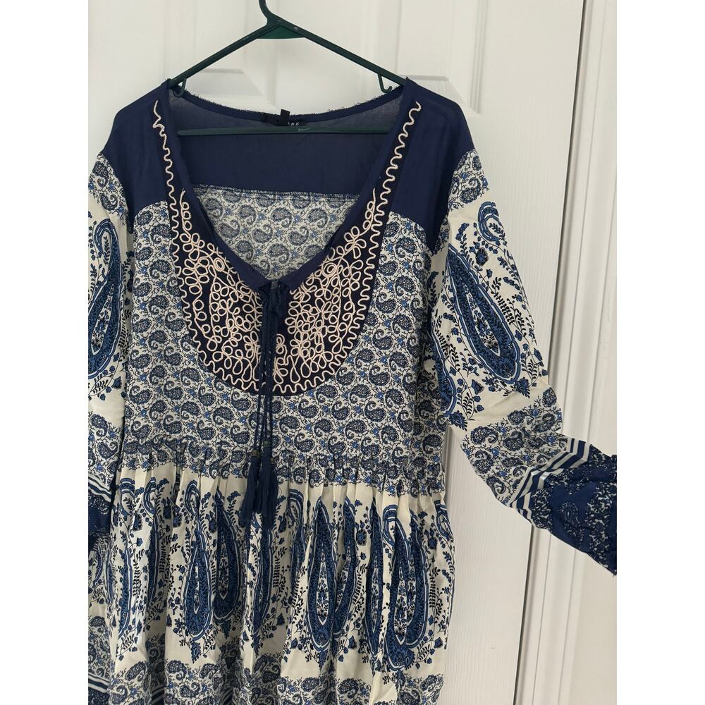 EN CREME Blue White Paisley Embroidered Boho Tunic Mini Dress Tassel Women's 1X - Picture 10 of 12